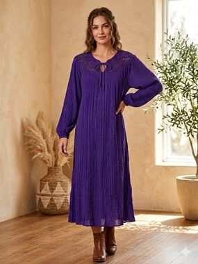 Vintage purple gauze cotton 70s 80s midi kaftan smock Monsoon dress READ